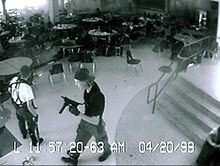 Eric Harris and Dylan Klebold caught on the high school's security cameras in the cafeteria shortly before committing suicide.